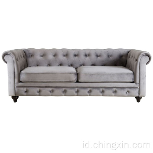 Furniture Ruang Tamu Gaya Eropa Tuffed Beludru Chesterfield Sofa Sofa Abu-abu